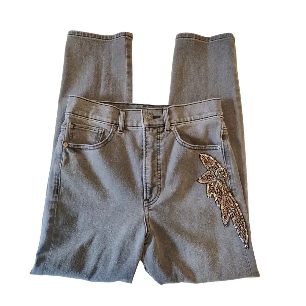 Express Super High Waisted Slim‎ Jeans Embellished Gray Faded Black Size 4R